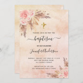Taufe Girl boho Pampas Gras Rose Rosa Einladung (Vorne/Hinten)