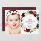 Taufe Girl burgundy blush marineblaues Foto Einladung (Vorne/Hinten)