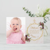 Taufe Girl Gold Cross Marmorpeonies Butterfly Dankeskarte (Stehend Vorderseite)