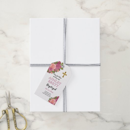 Taufe | Girl Pink Aquarell Rose Floral | Kreuz Geschenkanhänger (Mit Garn)