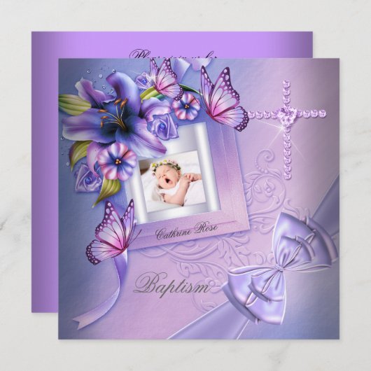 Taufe Girl Pink Lila Foto Christening Einladung (Vorne/Hinten)