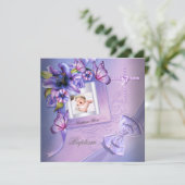 Taufe Girl Pink Lila Foto Christening Einladung (Stehend Vorderseite)