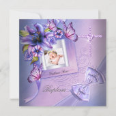 Taufe Girl Pink Lila Foto Christening Einladung (Vorderseite)