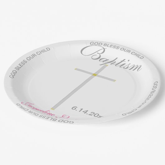 Taufe Girl Pink Name Silver Cross Pappteller (Schrägansicht)