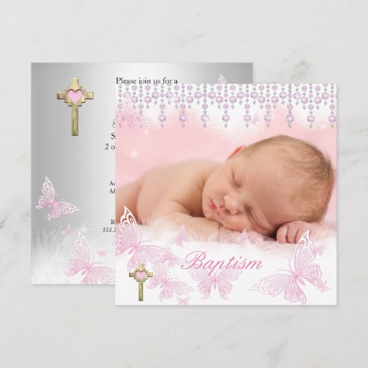 Taufe Girl Pink Silver Butterfly Cross Einladung (Vorne/Hinten)
