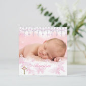 Taufe Girl Pink Silver Butterfly Cross Einladung (Stehend Vorderseite)