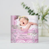 Taufe Girl Pink Weißes Foto Christening Einladung (Stehend Vorderseite)