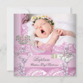 Taufe Girl Pink Weißes Foto Christening Einladung (Vorderseite)