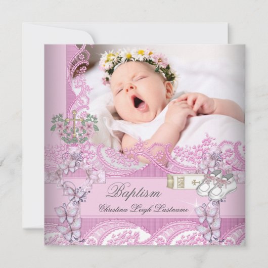 Taufe Girl Pink Weißes Foto Christening Einladung (Vorderseite)
