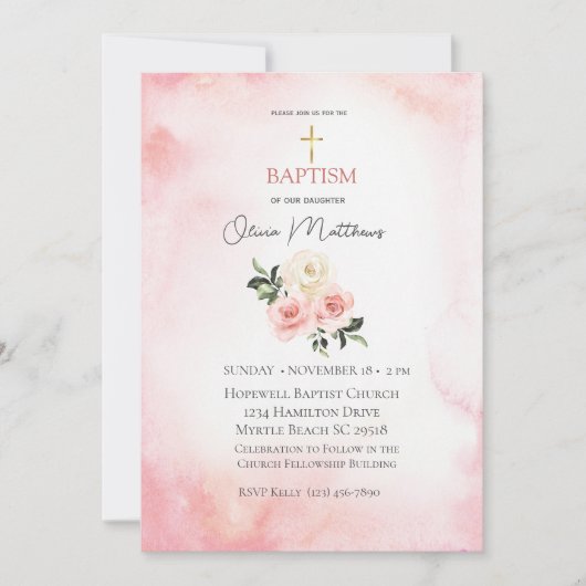 Taufe Gold Cross rosa Blume Einladung (Vorderseite)