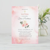 Taufe Gold Cross rosa Blume Einladung (Stehend Vorderseite)