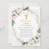 Taufe Gold Cross Rosa Blumenmädchen Einladung (Vorderseite)