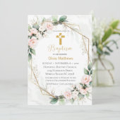 Taufe Gold Cross Rosa Blumenmädchen Einladung (Stehend Vorderseite)