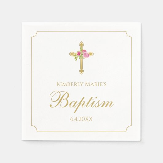 Taufe Gold Cross Rosa Roses Mit Monogramm Serviette (Vorderseite)