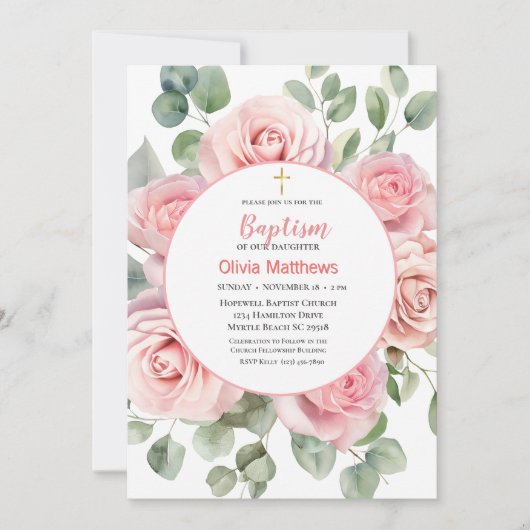 Taufe Gold Cross Roses Girls Einladung (Vorderseite)