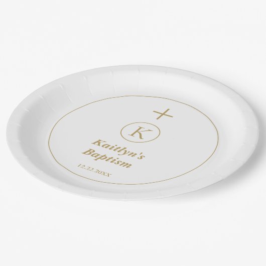 Taufe Gold White Monogram Initials Elegant Cool Pappteller (Schrägansicht)