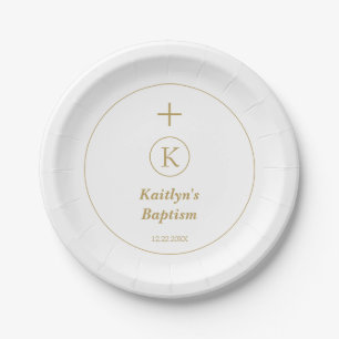 Taufe Gold White Monogram Initials Elegant Niedlic Pappteller