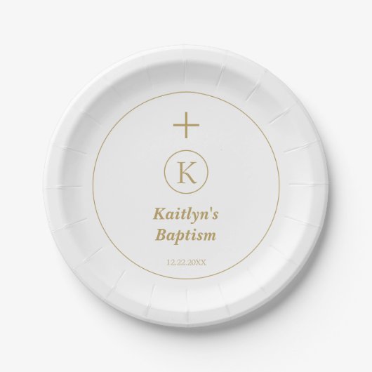 Taufe Gold White Monogram Initials Elegant Niedlic Pappteller (Vorderseite)