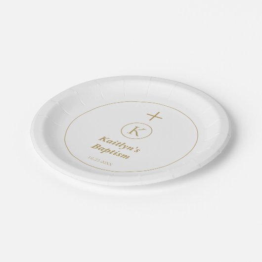 Taufe Gold White Monogram Initials Elegant Niedlic Pappteller (Schrägansicht)