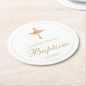 Taufe-Goldkreuz-Rosa-Rosen-mit Blumenmit Monogramm Runder Pappuntersetzer (Angewinkelt)