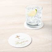 Taufe-Goldkreuz-Rosa-Rosen-mit Blumenmit Monogramm Runder Pappuntersetzer (Vor Ort)