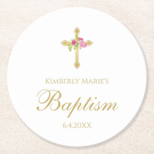 Taufe-Goldkreuz-Rosa-Rosen-mit Blumenmit Monogramm Runder Pappuntersetzer