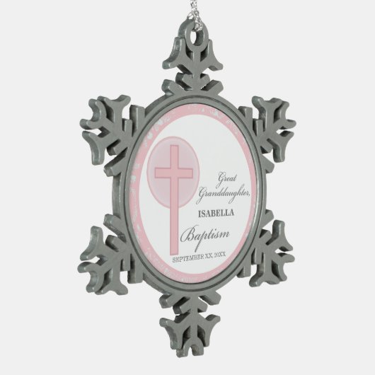Taufe Große Enkeltochter Pink Lace Personalisiert Schneeflocken Zinn-Ornament (Links)