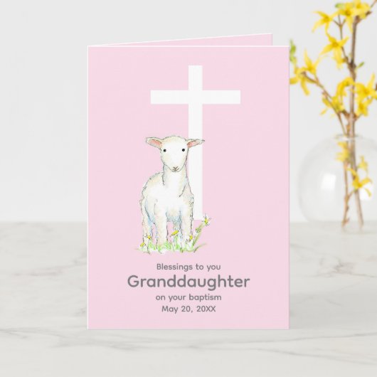 Taufe Großtochter Lamb kreuzen religiös rosa Karte (Gelbe Blume)