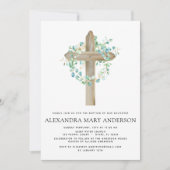 Taufe Grünfläche Sage Eukalyptus Holzkreuz Einladung (Vorderseite)