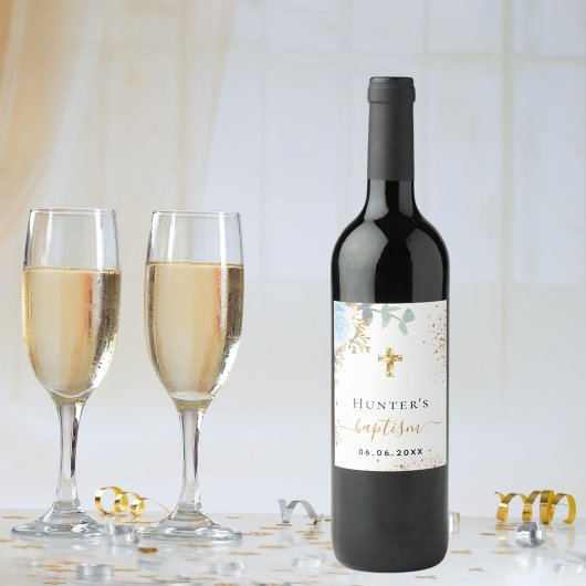 Taufe hellblauer Blütenjunge Name Goldkreuz Weinetikett