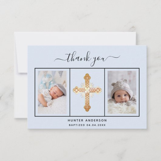 Taufe hellblauer Foto-Drehknabe Dankeskarte (Vorderseite)