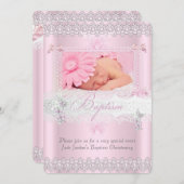 Taufe Hübsch Pink Lace Foto Butterfly Girl Einladung (Vorne/Hinten)
