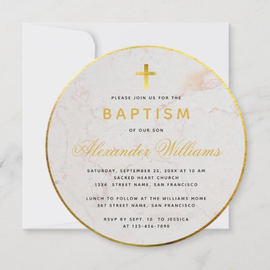 Taufe Imitate Goldfussmarble Kalligraphie Runde Einladung (Vorderseite)