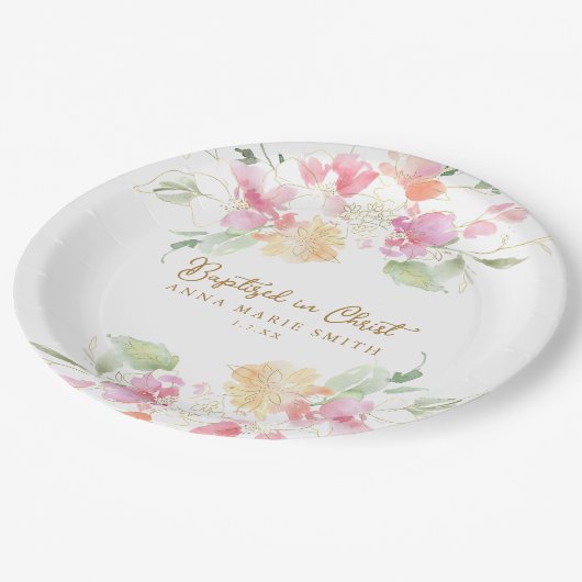 Taufe in Christ Pink Floral Custom Taptisse Pappteller (Schrägansicht)