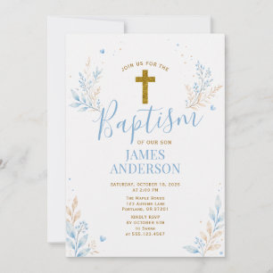 Taufe Junge Blau Gold Kreuz Floral Tauf- Einladung