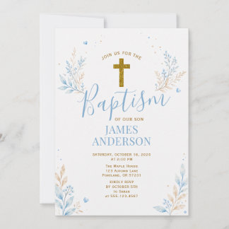 Taufe Junge Blau Gold Kreuz Floral Tauf- Einladung