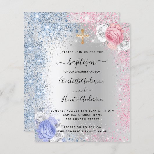Taufe Junge Mädchen blau rosa Silber Einladung (Vorne/Hinten)