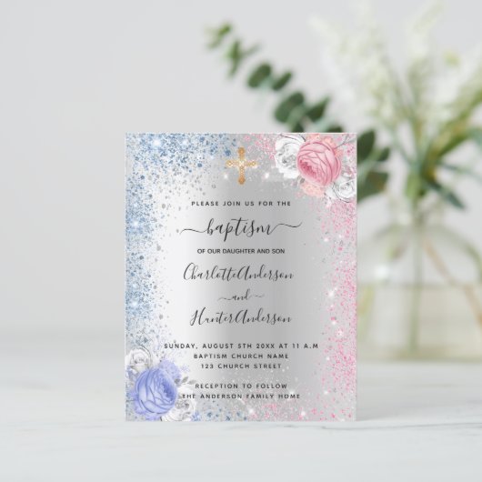 Taufe Junge Mädchen blau rosa Silber Einladung (Stehend Vorderseite)