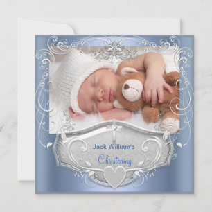 Taufe Jungen Christening Baptism Blau Silber Kreuz Einladung