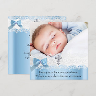 Taufe Jungen Foto Blau Weiß Spitze Juwel Kreuz 2 Einladung