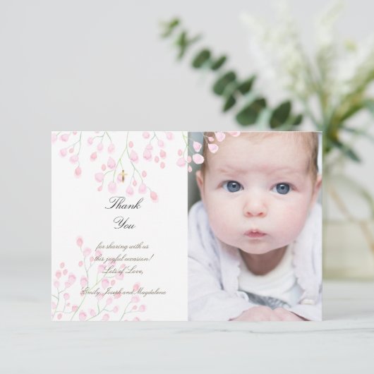 Taufe kleine rosa Blume danke Einladung (Stehend Vorderseite)