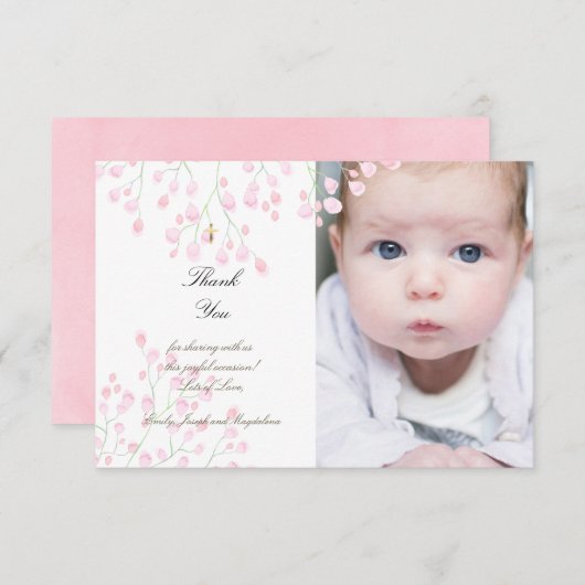 Taufe kleine rosa Blume danke Einladung (Vorne/Hinten)