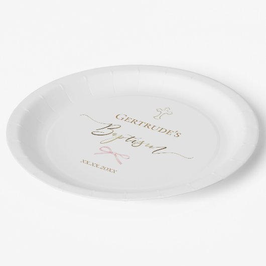 Taufe kleine rosa Schleife Pappteller (Schrägansicht)