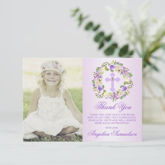 Taufe Kommune Bestätigung Mädchen Lila FOTO Dankeskarte (Stehend Vorderseite)