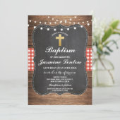 Taufe Kreuz Christening Roter Karo Gingham Chalk Einladung (Stehend Vorderseite)