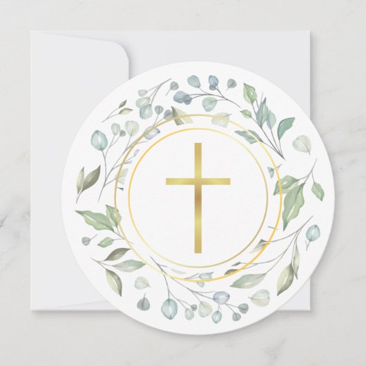 Taufe Laurel Garland Gold Cross Circular Einladung (Vorderseite)