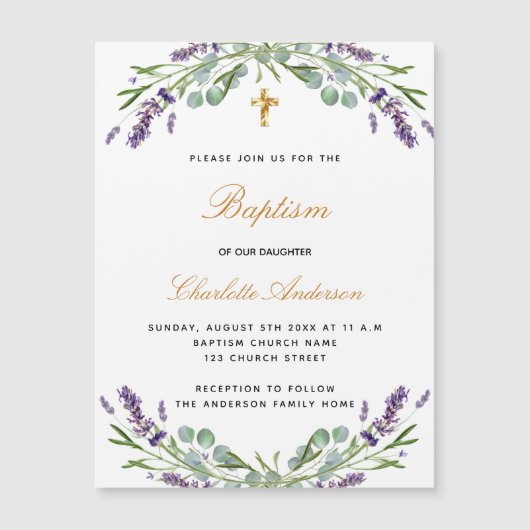 Taufe Lavendel Veilchen Blütenblättriger Eukalyptu Magneteinladung (Vorderseite)