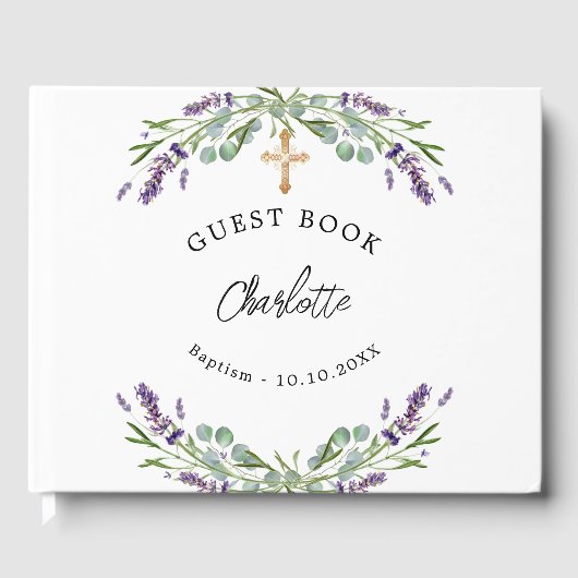 Taufe Lavendel violette Blüten Eukalyptus Gästebuch (Vorderseite)