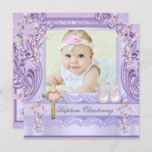 Taufe Lavender Pink Cross Girl Foto Christening Einladung