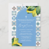 Taufe Lemon Religious Italian Blue Tile Einladung (Vorderseite)